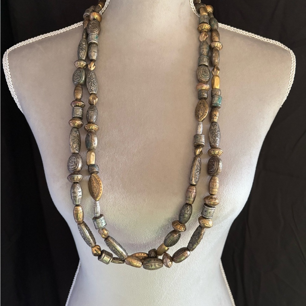 90s Vintage Double Strand Brass & Silver Tone Bead Necklace